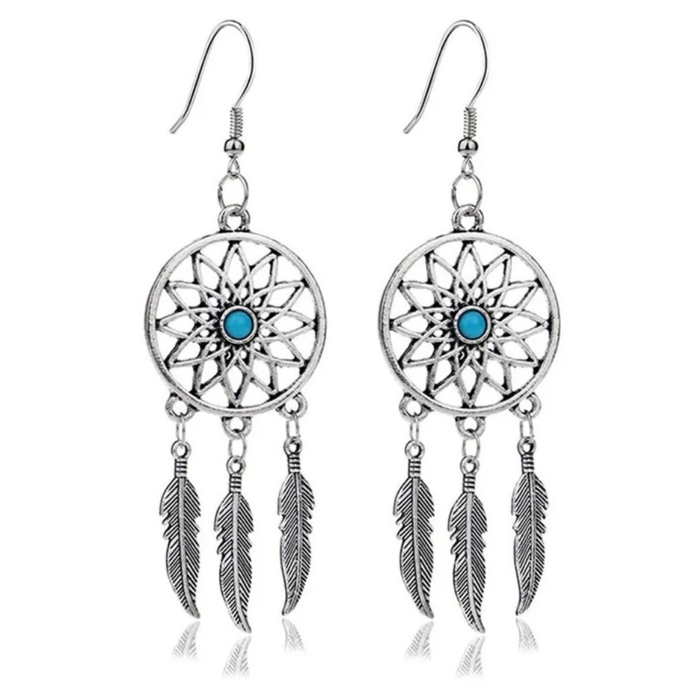Bohemian Feather Dream Catcher Aged Silver & Turquoise Drop Hook Earrings NEW